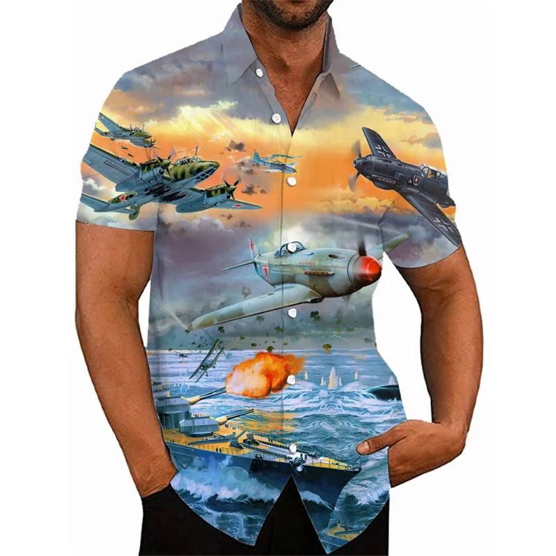 thumbnail image 1 of Camisas hawaianas con estampado 3D de avión de combate para hombre, camisas casuales de manga corta con botones, camisetas de hip hop para hombre, ropa de calle, 1 of 5