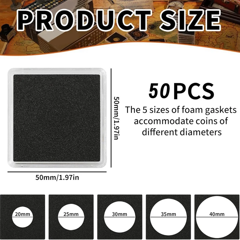 A95I-50 PCS Coin Capsules,Coin Snap Holders With 5 Sizes Black Gaskets 20/25/30/35/40Mm, Clear Coin Cases For Coin Collection 6