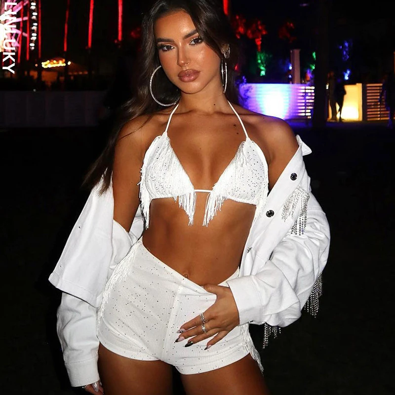 

Summer New Sexy Underwear Tassel Crop Top and Pants Two Piece Sets Short Trouser Set Waist Shorts Club Party Clothes