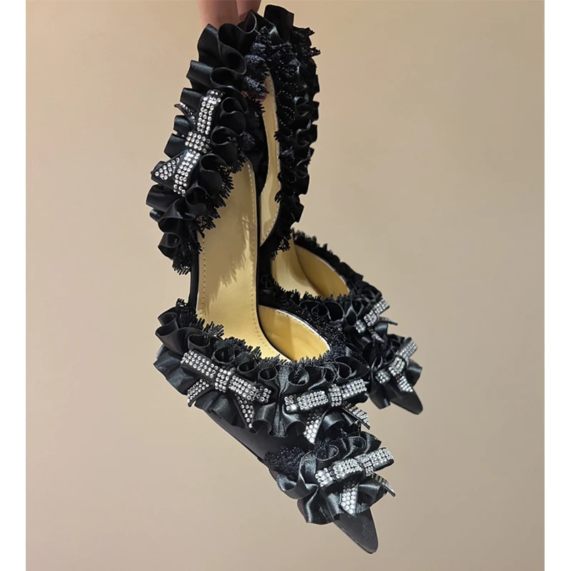 Rhinestone Bow Lace Slingback Stiletto Sandals Woman Summer Pointed Closed Toe Lolita Style High Heels Shoes for Women