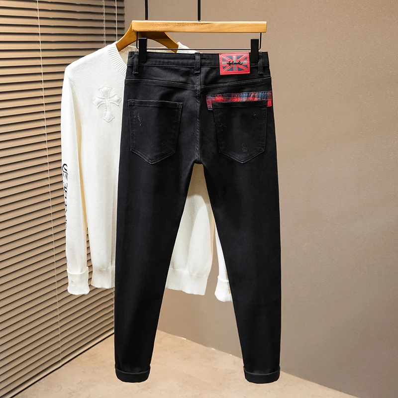 Tide light luxury new MEN'S jeans splicing patch slim straight heavy embroidery plump handsome personality elastic casual denim