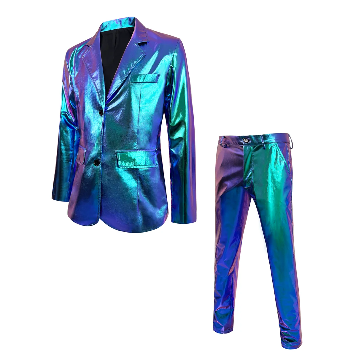 Traje holográfico iridiscente de 2 piezas para hombre, conjunto de blazer y pantalón metálicos brillantes, disfraz ajustado para fiesta disco, escenario, DJ, club profesional