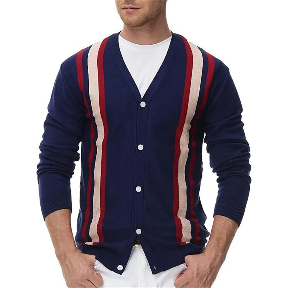 

Spring Fashion Euro-American Style Knitwear POLO Cardigan Men V-Neck Striped Splicing Single-Breasted Long Sleeve Sweater