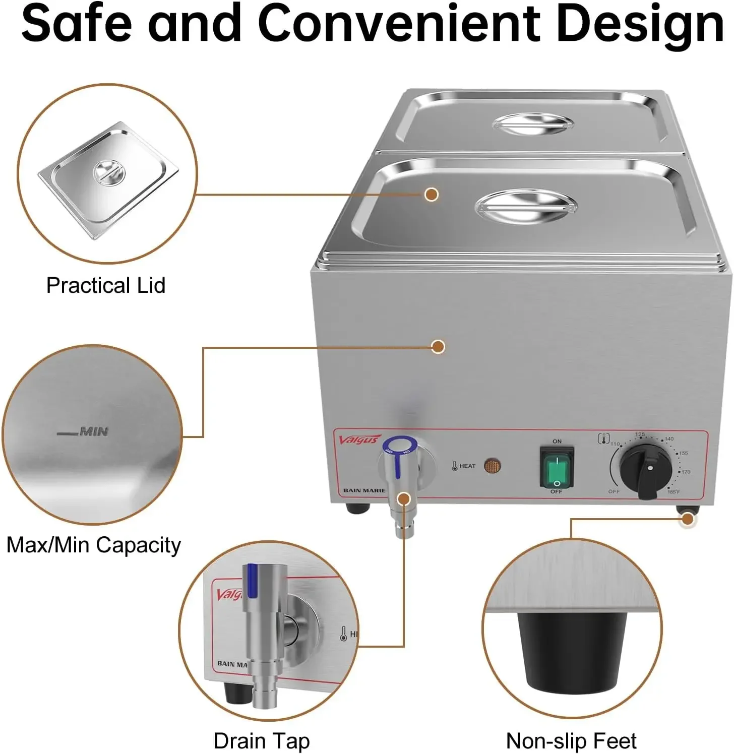 Commercial Grade Stainless Steel 2 Sections 19 Qt Bain Marie Buffet Food Warmer Steam Table with Temperature Control, Lid and Wa 3