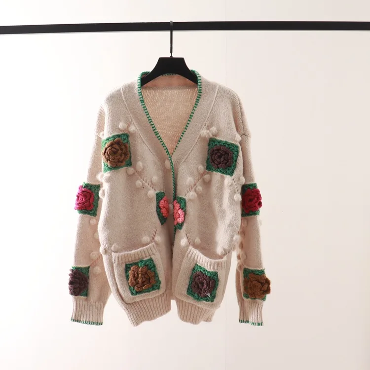 

Floral Knitting Pockets Women Casual Cardigan Sweater Full Sleeves Autumn Winter Sweet Lady Coat Jumpers Clothes
