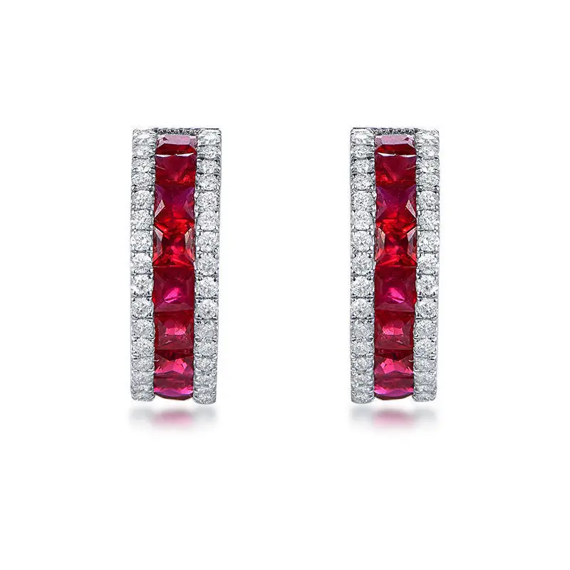 Dropshipping Luxury 925 Sterling Silver Ruby Diamond C Shape Ear Circle Ring Ear Huggie Earring Ruby High Fine Jewelry Wholesale