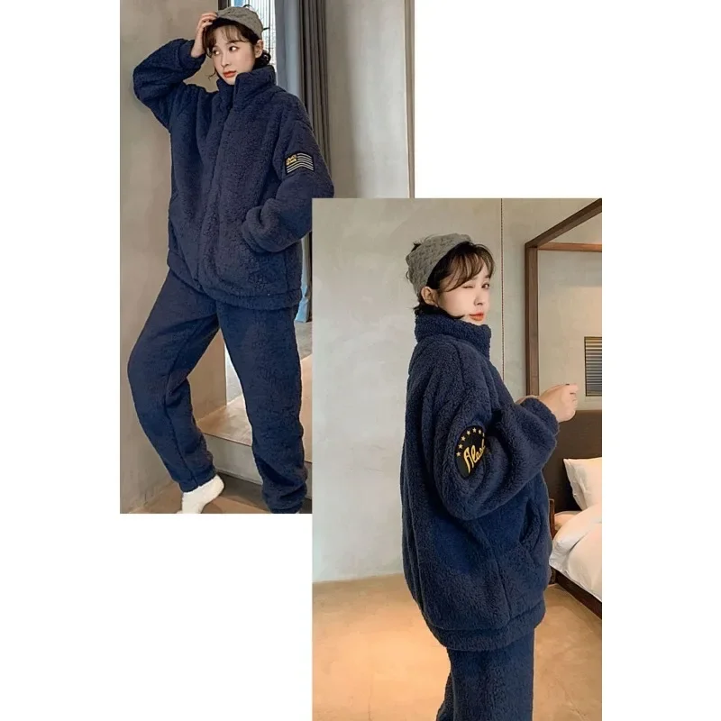 New Pajama Women Autumn Winter Loungewear Coral Fleece Thickened Flannel Sleepwear Zipper Stand Up Collar Warm Homewear Set