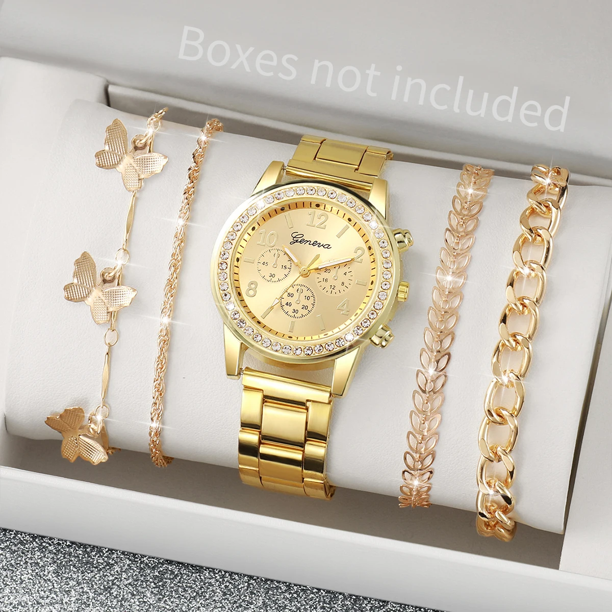 Women Golden Color Stainless Steel Quartz Watch Butterfly Jewelry Set 4pcs