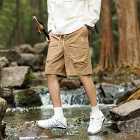 Summer Men's Clothing Bandage Solid Color Elastic High Waist Pockets Casual Loose Straight Knee Pants Preppy Style Shorts 1