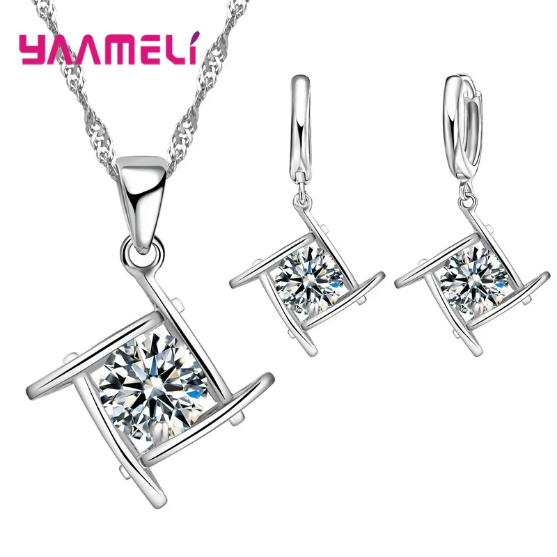 925 Sterling Silver Crystal Flower Square Pendant Necklace Earrings Jewelry Set For Women Girls Wedding Engagement