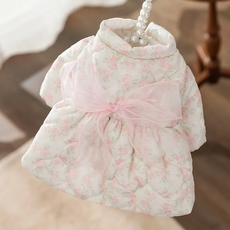 

Pink Rose Dog Princess Dress 2023 New Pet Down Coat Winter Teddy Warm Clothing Puppy Bow Two Legged Skirt