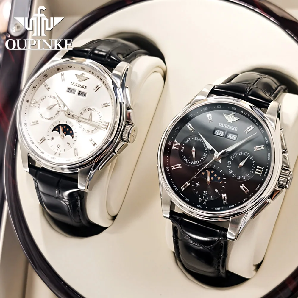 OUPINKE 3189 Date Men's Watch Moon Phase Mechanical Dress Watch For Men Synthetic Sapphire Mirror Waterproof Male Wristwatch