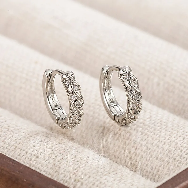 Silver Color Twists Cubic Zirconia Hoop Earrings for Women Simple Trendy Daily Party Jewelry Accessories