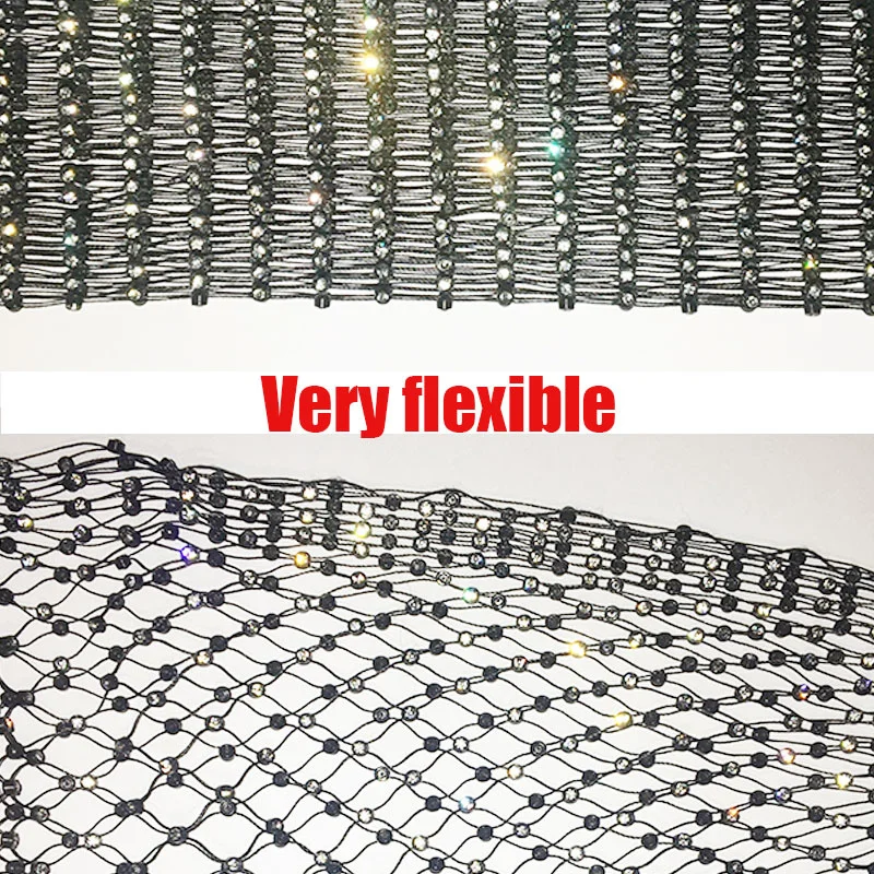 Shiny Rhinestones Grid Fishnet Dress Long Sleeve O-Neck Hollw Out Side Slit Dress Sexy Beach Cover Up Breathable Lady Vestidos