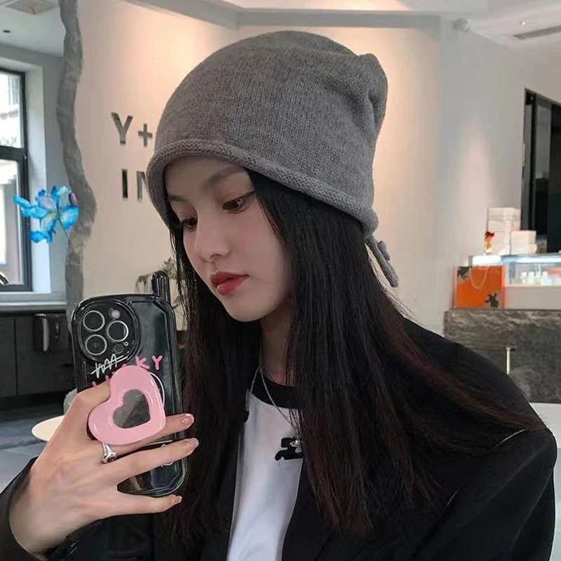 Warm Knitted Baggy Beanie Hat Women Men Drawstring Kpop Slouchy Wool Cap Winter Spring Soft Skullcaps Outdoor Windproof Bonnet 6