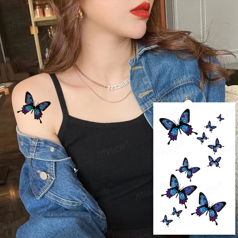 

Blue Butterfly Tattoo Women Sexy Waterproof Temporary Tattoo Heart Flame False Tattoo Arm Shoulder Neck Tattoo Women And Men