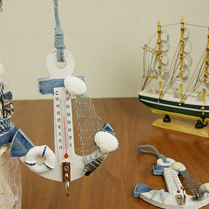 

Small Thermometer Anchor Hanging Mediterranean Style Creative Wooden Handmade Marine Children's Room Wall Decoration Hook DIY