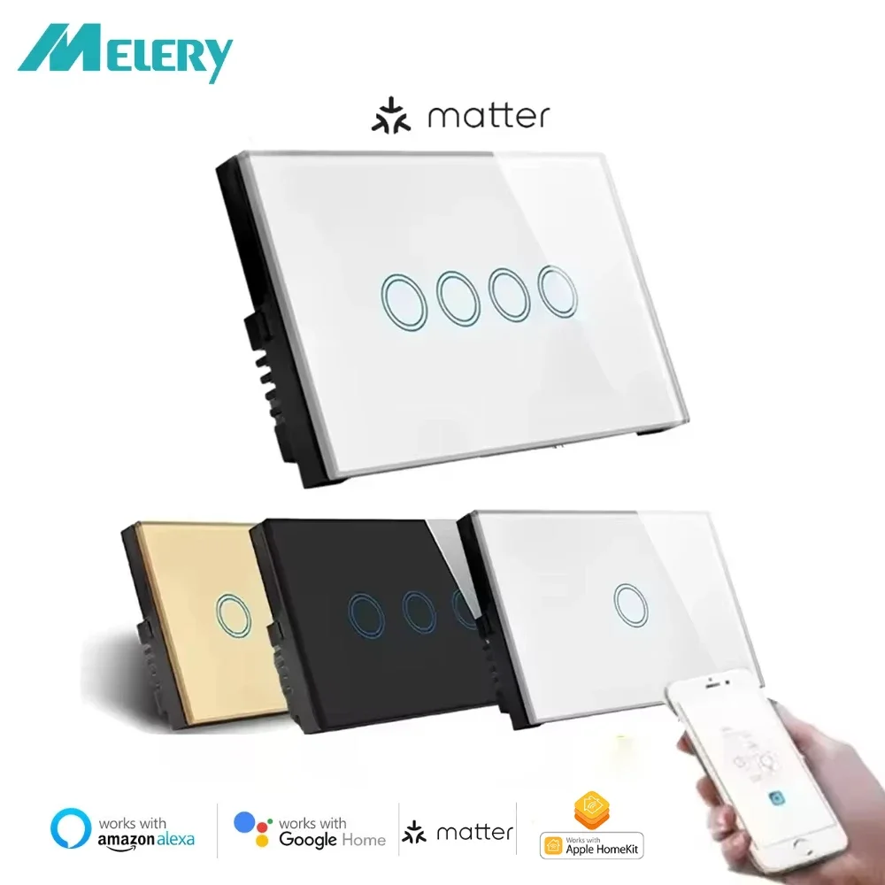 Interrupteur mural intelligent WiFi Melery Matter avec capteur tactile, panneau en verre, télécommande via Alexa, Google Home, Siri, Homekit, SmartThings