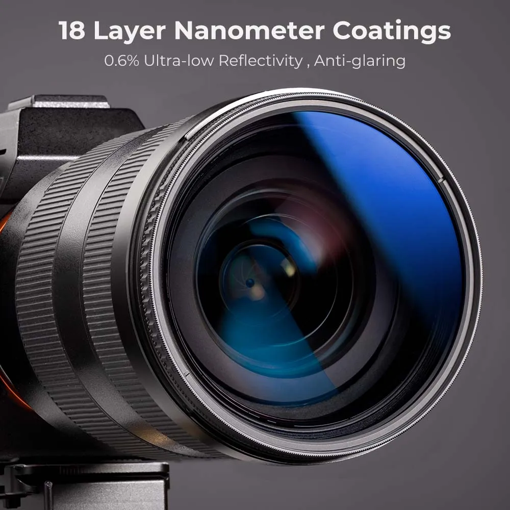 Vue éclatée d'un filtre CPL polarisant circulaire haute qualité avec bague rotative, idéal pour réduire les reflets sur l'eau ou le verre.
