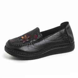 Elegant Women's Floral Slip - On Loafers with Hand - Stitched Faux Leather and Low Wedge Design - 38 (HK224 - Black)