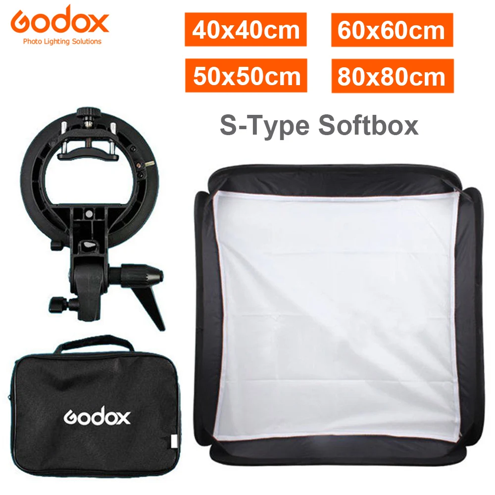 

GODOX 40x40cm 50x50cm 60x60cm 80x80cm Softbox with S-Type Bracket Stable Bowens Mount Flash Bracket Mount Foldable Softbox Kit