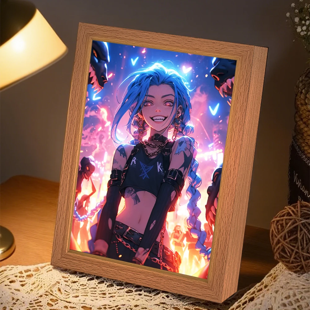 LED Illuminated Anime Frame featuring League of Legends' Jinx – Unique Bedroom Decor & Perfect Gift
