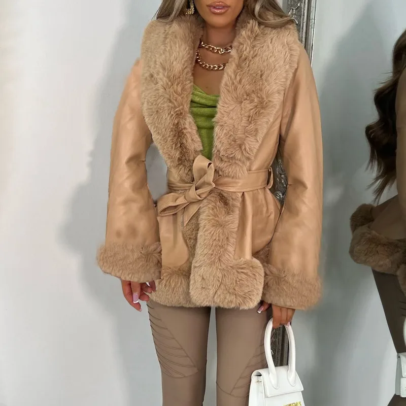 Abrigo de piel sintética con cuello de piel para mujer, abrigo ajustado de manga larga con cordones, chaqueta elegante de calle para invierno, ropa de mujer