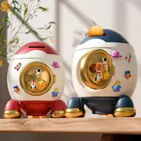 1 Set Money Bank Large Capacity Cartoon Sticker Money Saving Key Unlock Kids Piggy Bank Rocket Shape Money Holder Home Supplies 1