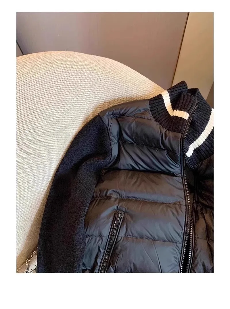 Women's Down Cotton Jacket Autumn Winter Color Contrast Splicing Knitted Long Sleeve Coats Lightweight Stand Collar Outerwear