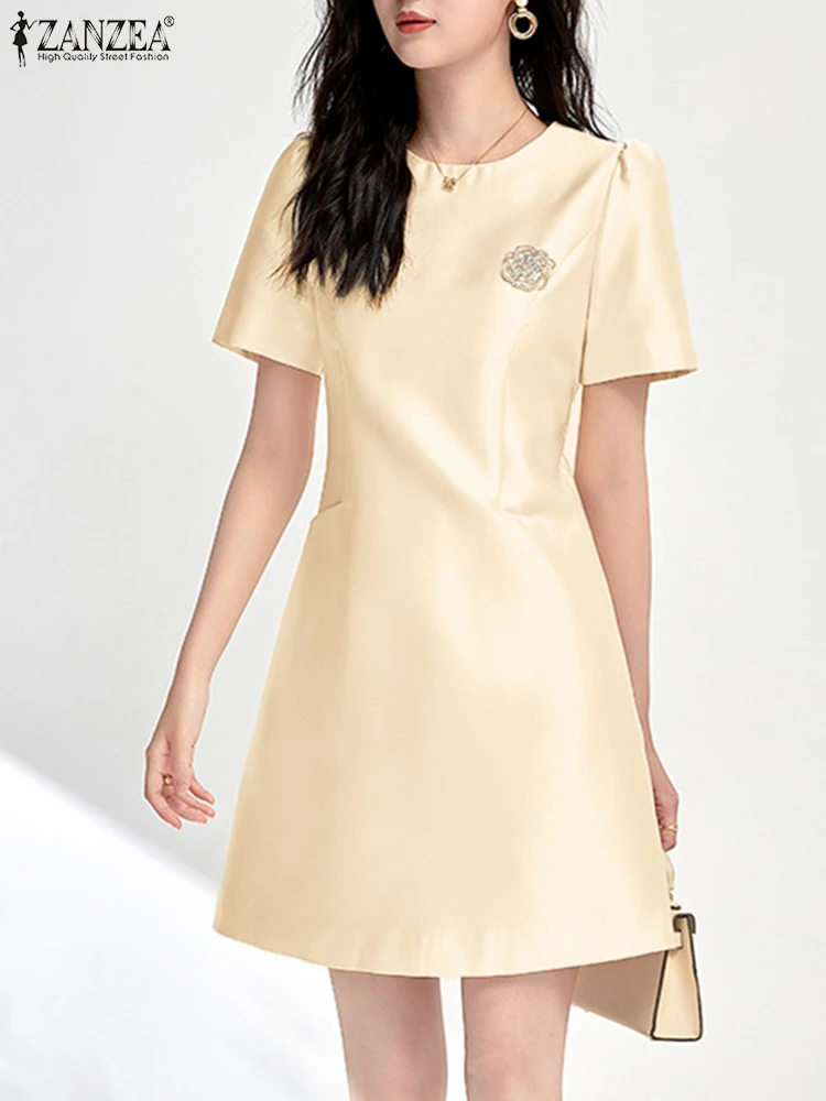 

Women Stylish Party Dress 2024 ZANZEA Summer Office Work Sundress Elegant Short Sleeve Knee-length Vestidos Casual Flower Robe