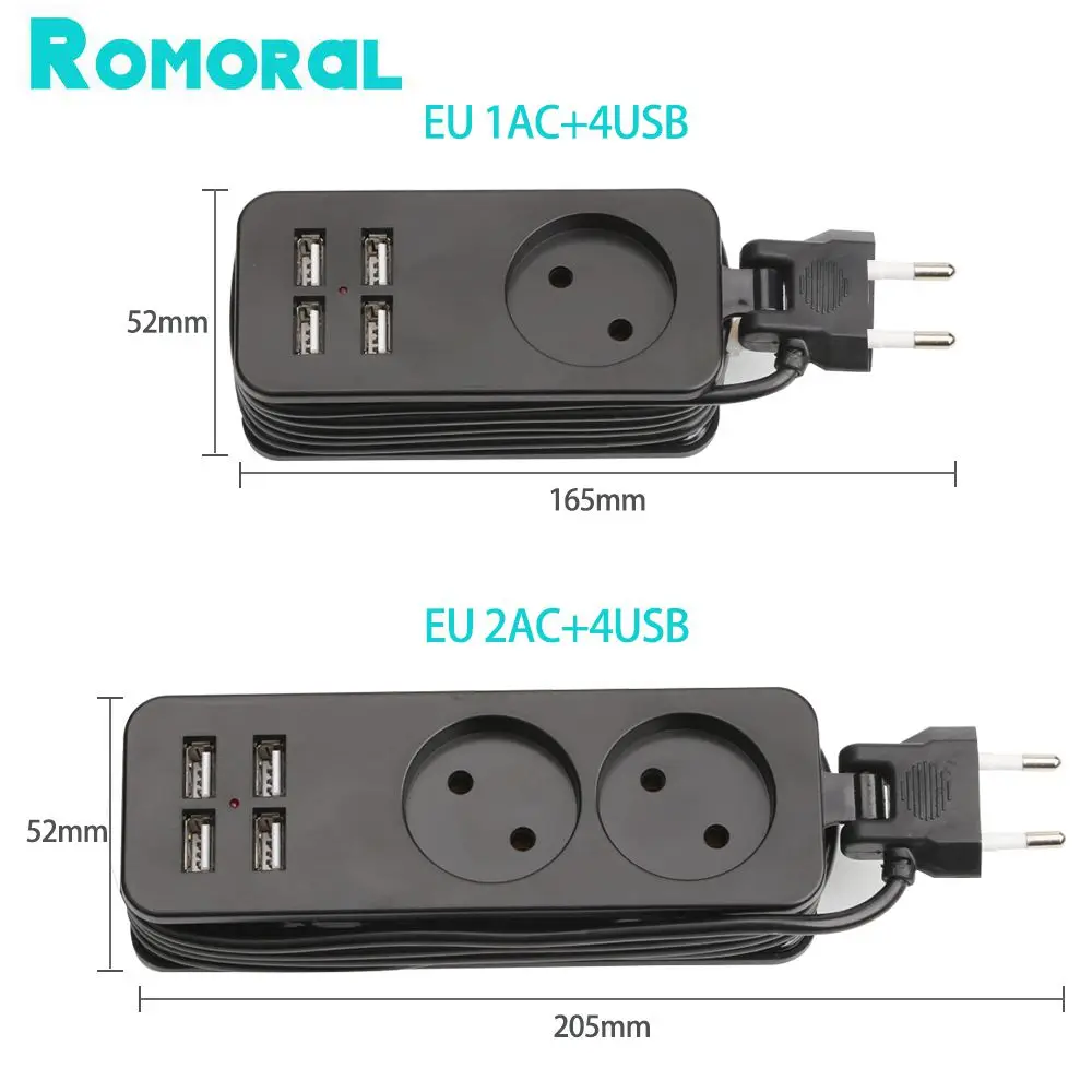 Regleta de alimentación con conexión a tierra estándar, 4 enchufes  europeos, 4 puertos USB, 2 puertos tipo C, protección contra sobrecarga con  Cable de extensión para el hogar y la Oficina