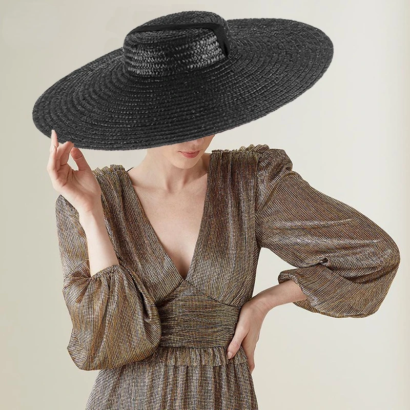 Black Wide Brim Flat Top Ribbon Straw Hat Summer Hats for Women