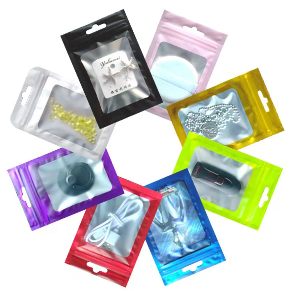 100Pcs 지퍼 잠금 다채로운 알루미늄 호일 가방 교수형 구멍 매트 지우기 창 셀프 그립 지퍼 인감 눈물 노치 재사용 가능한 식품 팩