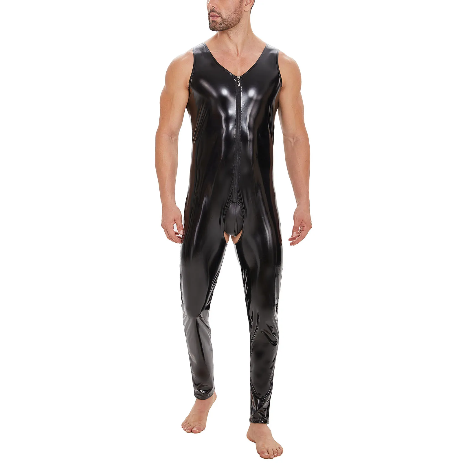 Mens Sexy Open Crotch Leather Jumpsuit Glossy PVC Leather Tank Leotard Zipper Open Breast Latex Bodysuit Crotchless