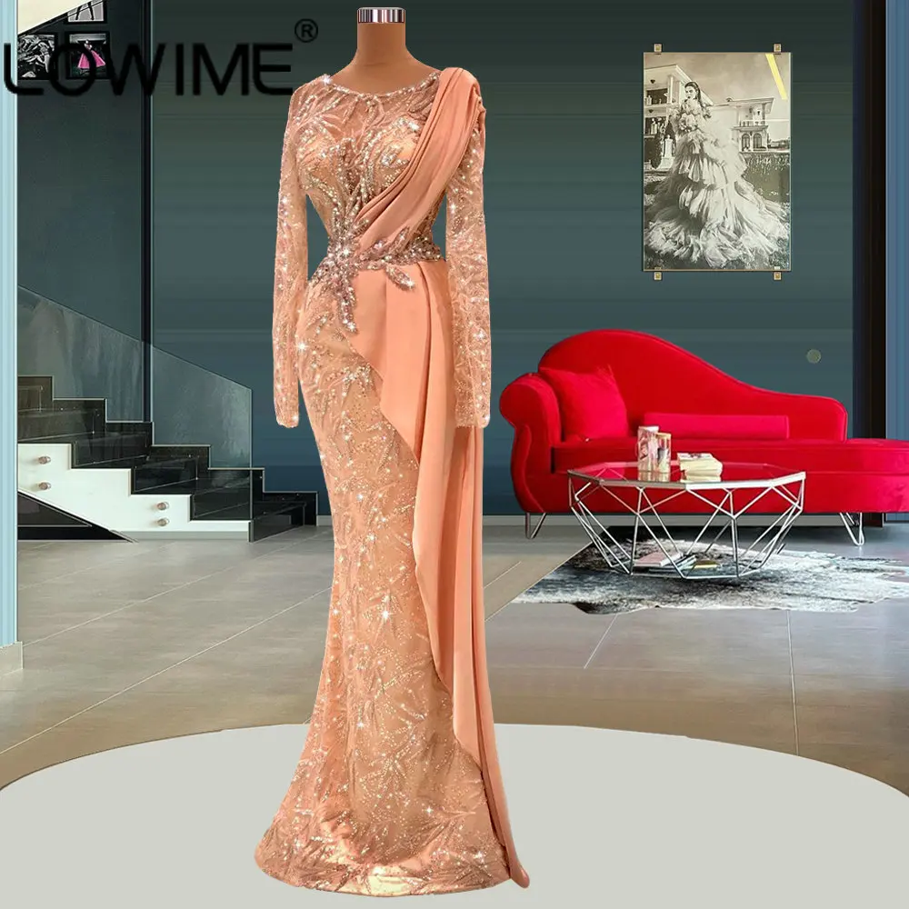 

Arabic Coral Pink Muslim Long Sleeves Evening Dresses 2023 Middle East Sparkle Beaded Mermaid Birthday Party Prom Gowns