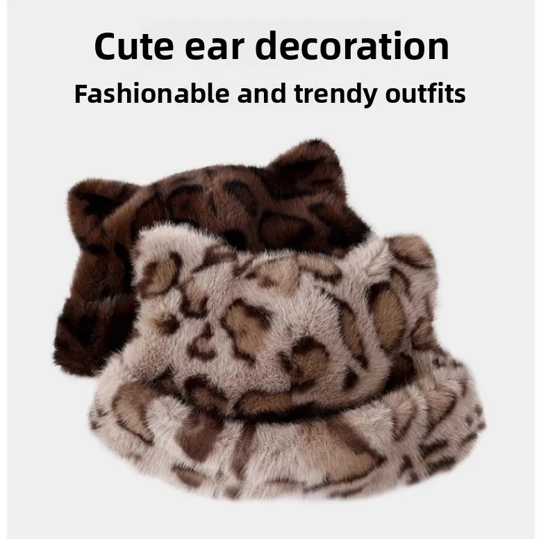 Fashion Autumn Winter Fisherman Hat Cat Ear Basin Hat Leopard Print Warm Mongolian Hat Ear Protection Hat
