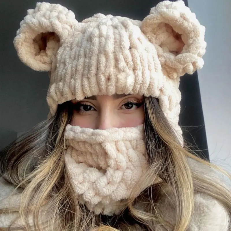 Combhasaki Women's Y2K Hooded Scarf Hats Cute Animal Ears Knitted Pullover Balaclava Winter Warm Beanie Cap for Cold Weather 2