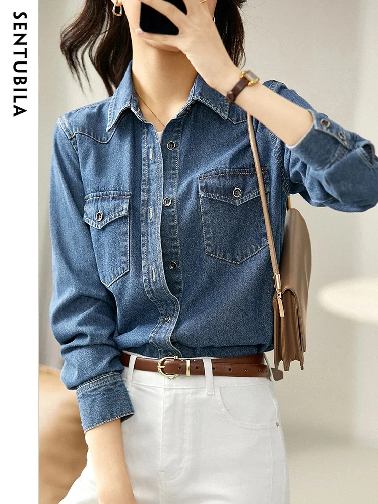 SENTUBILA High Street Denim Shirts Women Ladies Vintage Turn-down Collar Long Sleeve Single Breasted Tops Pockets Shirt Jacket fabric red envelope new year ladies wallet card holder chinese style money pockets spring festival brocade pouch miss purse