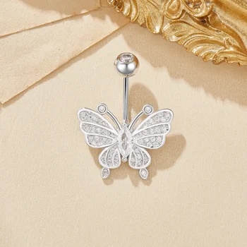 Butterfly CZ Stone Solid 925 Sterling Silver Belly Button Ring Belly Piercing Navel Bar Curved Barbell Navel Ring Gift 6790017