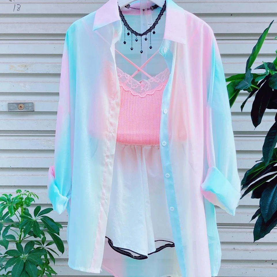 Long Sleeve Top Sweet Sheer Casual Shirts And Blouses Irregular Gradient Rainbow Office Lady Trend Loose New In Outwear Women