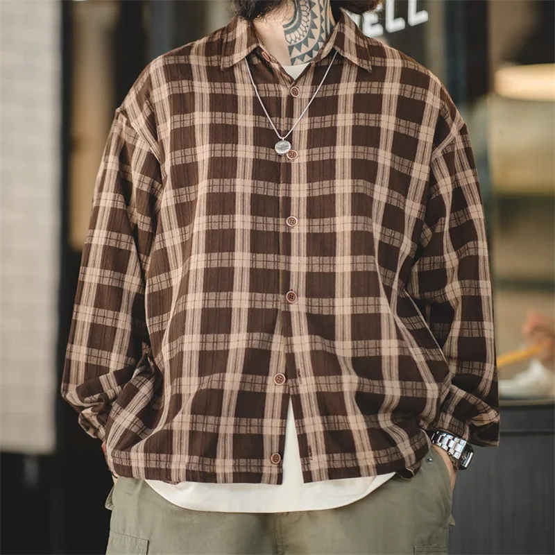 Maden Vintage Brown Plaid Long-sleeved Shirts for Men Autumn