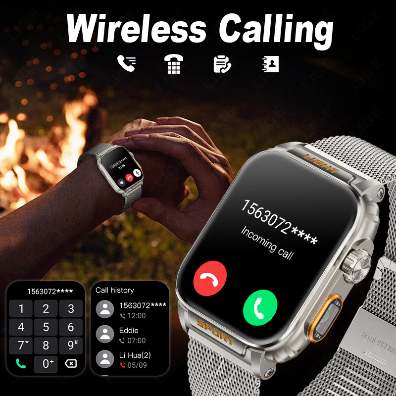 LIGE Smart Watch With LED Flashlight Blood Pressure Health Monitor BT Call 430mAh Battery Sport Fitness Outdoor Men's Smartwatch