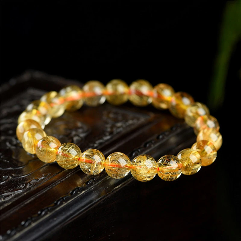 Rutilated Quartz Crystal Bracelet Quartz Round Bead Ladies Jewelry Stone Bead Bracelet Crystal Quartz Bracelet Natural Stone Bracelet Beaded Bracelet Crystal Bracelet 1PC For Women