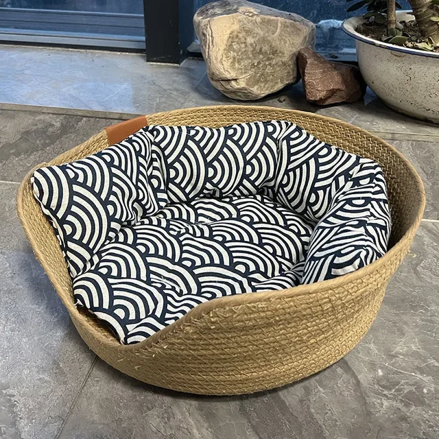 Pet Basket Mattress Rattan Grass Weaving Cat Nest Dog Kennel Straw Scratch Board Cat Bed for Puppy Kitten All Season Universal 5