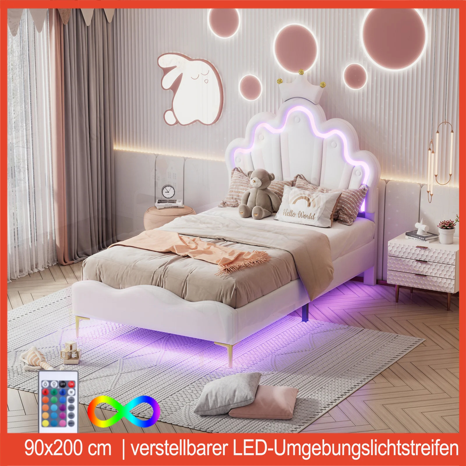 90 x 200cmUpholstery bed with crown shaped headboard and slatted frame,adjustable LED ambient light strip,beige,without mattress 1