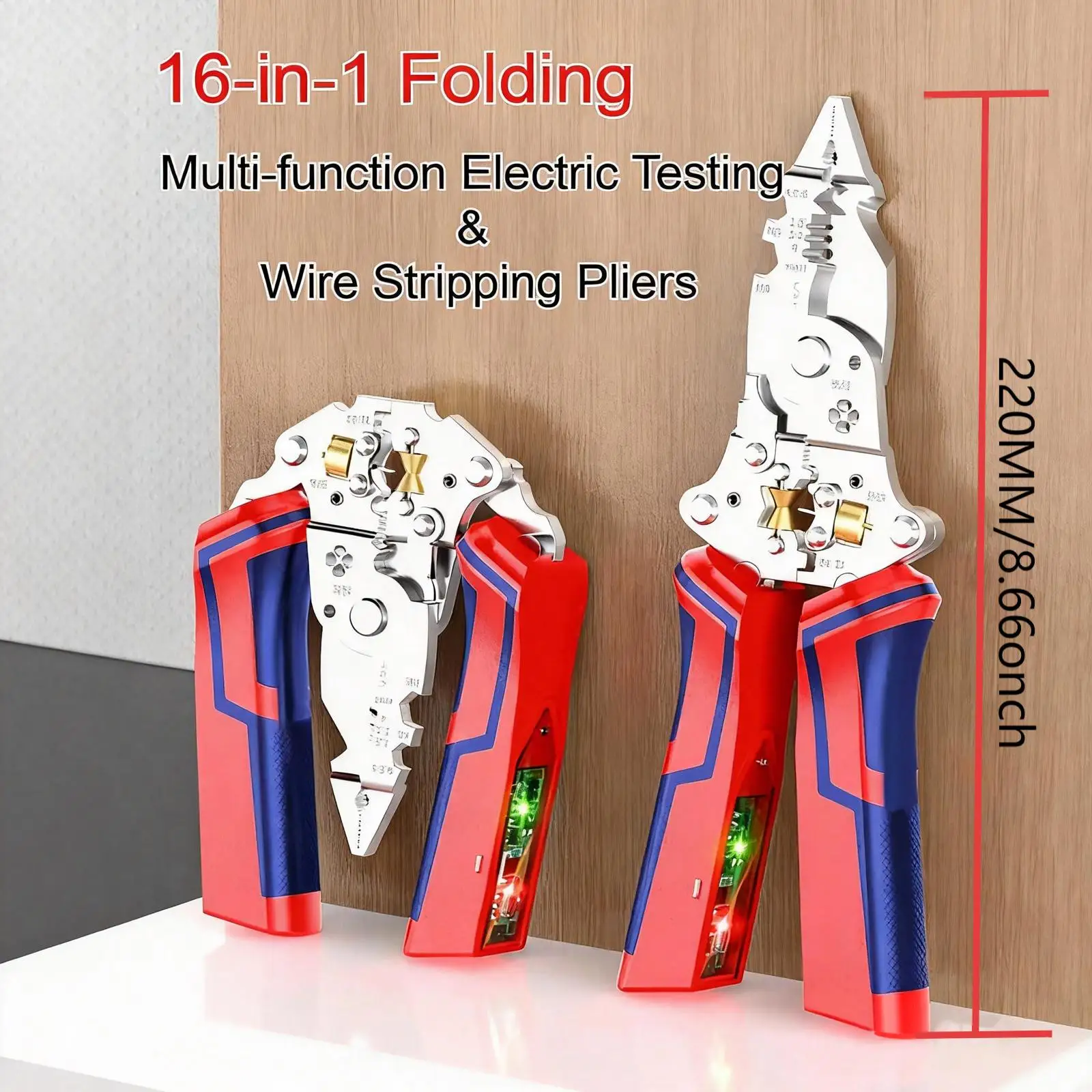 Faltbarer Abisolierer, 9-in-1-Multitool, Elektriker-Zange mit Strommessfunktion, Kabelschneiden, Crimpwerkzeug – Detail 7
