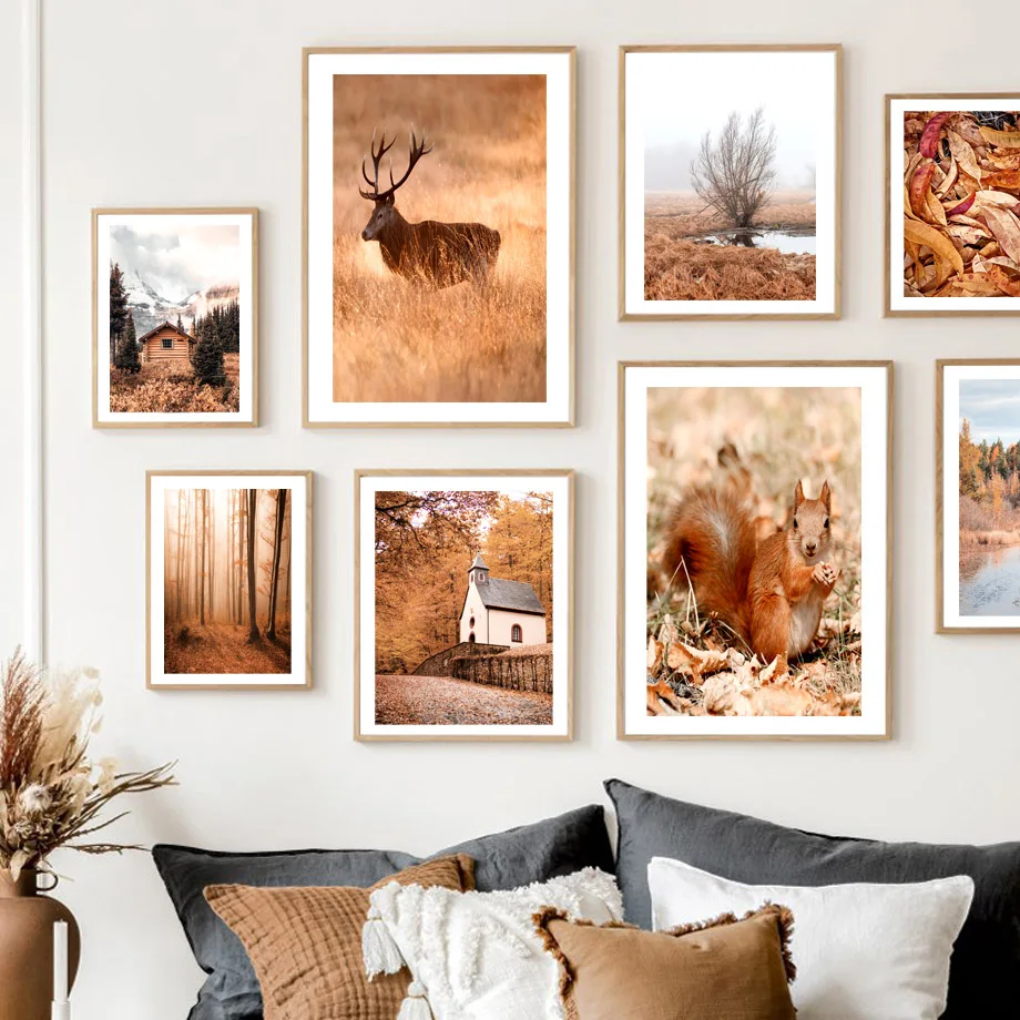 

Autumn Forest Falling Leaves Deer Squirrel Cabin Lake Wall Art Canvas Painting Nordic Posters Prints Pictures Living Room Decor