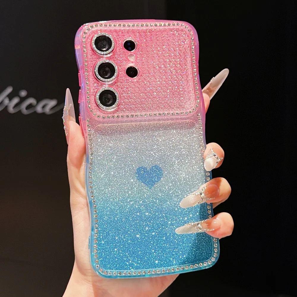 Super Glitter Diamonds Love Heart Phone Case with Wave Gradient and Camera Protection