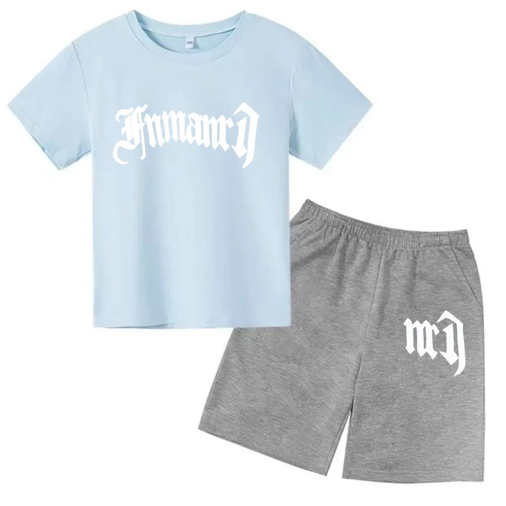 thumbnail image 1 of Ropa para niños con estampado de marca gótica, conjunto de camiseta y pantalones cortos de verano para adolescentes, 2 piezas, manga corta, moda informal para niños y niñas, 1 of 5