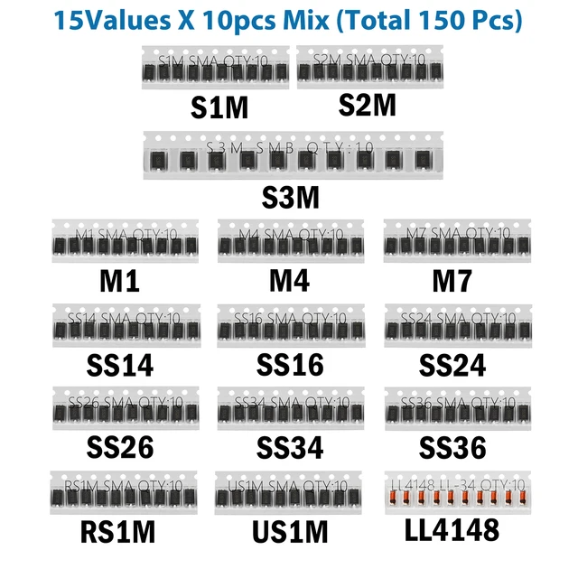 SMD Fast Recovery Schottky Barrier Switching Rectifier Diode M1 M4 M7 S1M S2M S3M RS1M US1M SS14 SS16 SS24 SS26 SS34 SS36 LL4148 15Values X 10pcs Mix